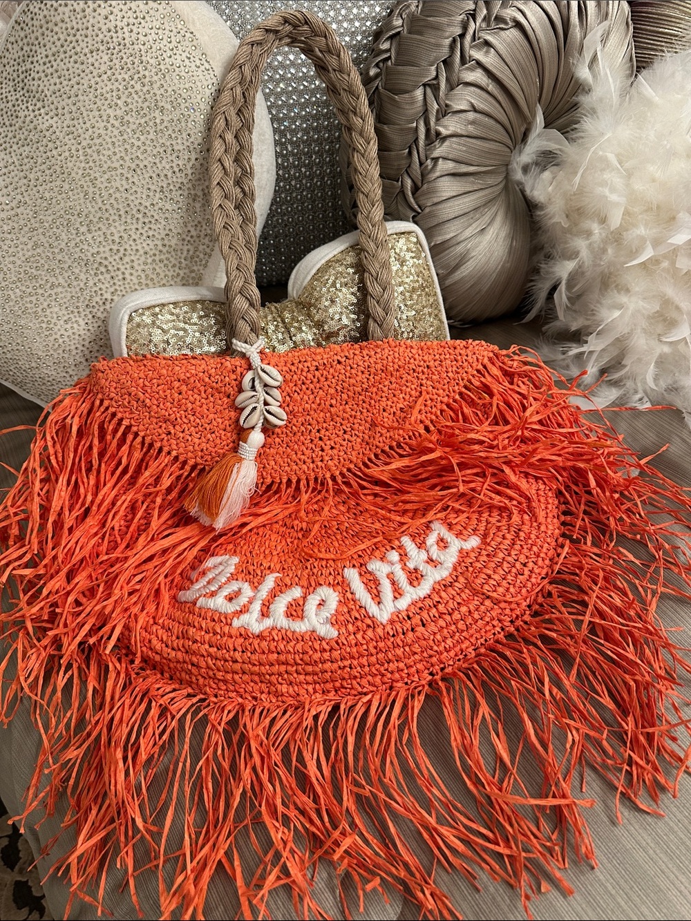 Orange Fringe Straw Tote Bag with 'Dolce Vita' Script